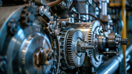 Obraz premium Close up of machine gears on industrial background.