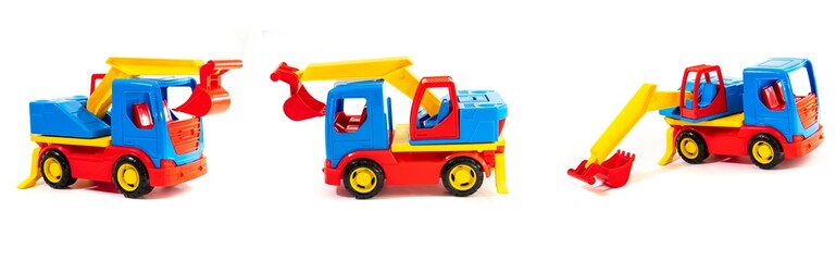 collage excavator toy isolated on white background. Construction industrial equipment for transporting materials. Plastic child toy on white backdrop. Construction vehicle. Children's toy. Tractor Toy