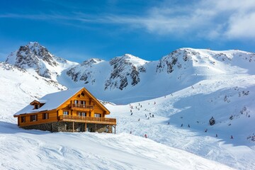 alpine chalet perched on a slope, with skiers and snowboarders visible on nearby trails, minimal background with copy space