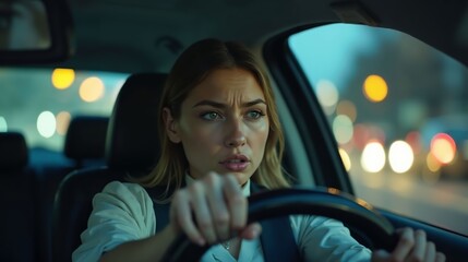 Obraz premium Stressed Young Office Woman Facing Traffic Congestion During Commute