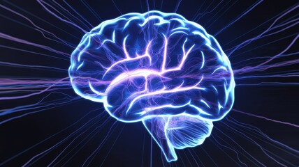 Obraz premium Neon blue brain illustration with energetic lines on dark background representing brain activity