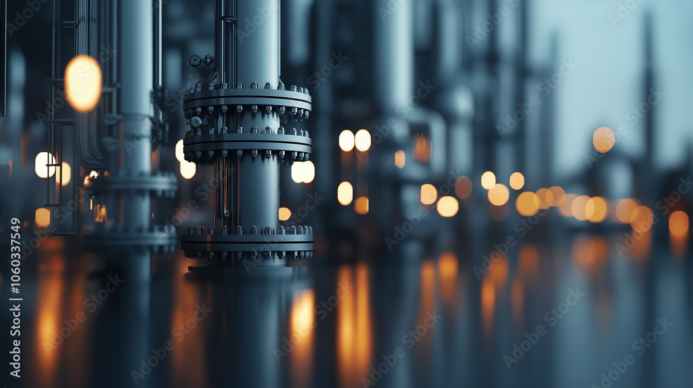 Aufkleber industrial oil refinery scene with glowing lights and metallic structures, creating futuristic atmos