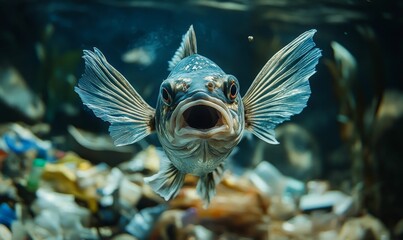 Fototapeta premium Fish with open mouth swimming through plastic debris.