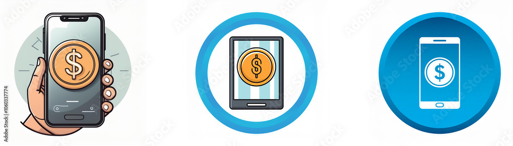 Poster A hand holding a smartphone with a dollar coin displayed on the screen, alongside a smartphone with a dollar coin displayed on the screen, and a flat-style icon of a smartphone with a dollar coin.