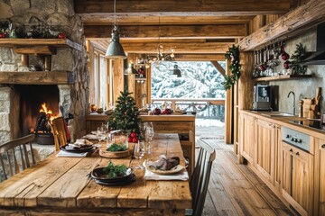 alpine chalet kitchen and dining area, featuring natural wood cabinets, a stone fireplace, and a rustic table set for Christmas, minimal background with copy space