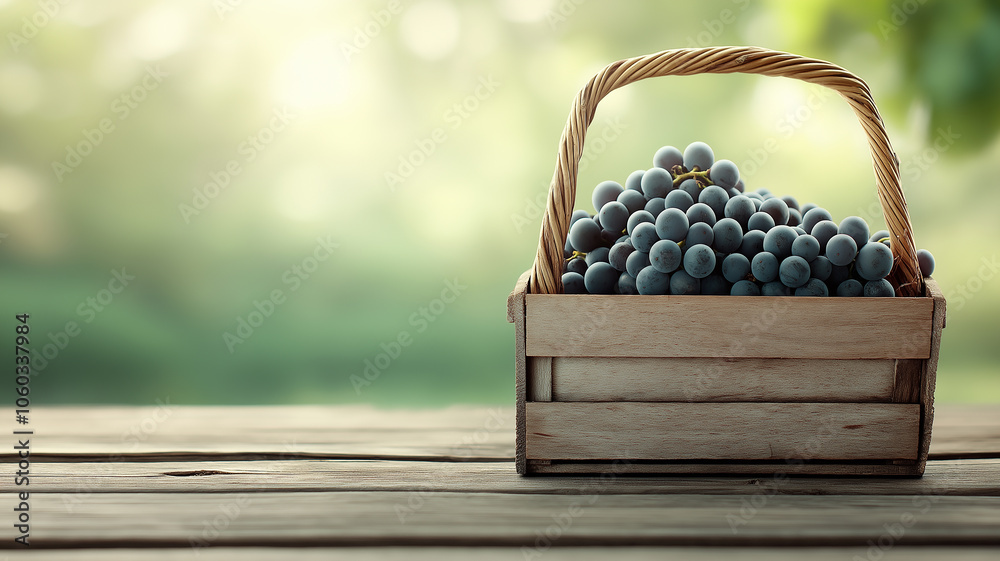 Poster basket filled with fresh grapes sits on wooden table, bathed in soft natural light, creating serene 
