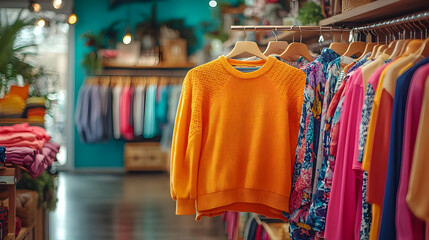 Fototapeta premium Orange Sweater Hanging on Rack in Clothing Store - Photo