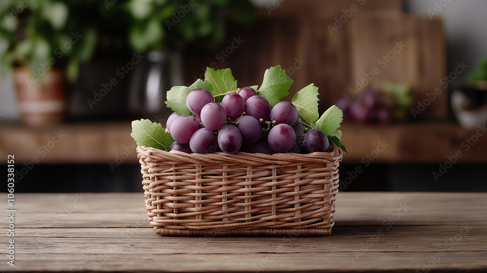 Poster rustic basket filled with fresh purple grapes sits on wooden table, creating cozy and inviting atmos