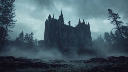 Naklejka premium Mysterious Gothic Castle Shrouded in Mist and Fog