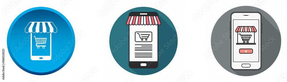 Poster Three circular icons with cellphones showing an online store on the screen.