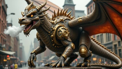 Steampunk dragon with mechanical armor in a cityscape