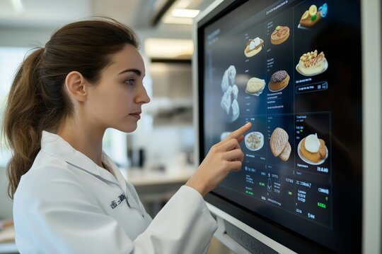 Woman in Lab Coat Navigating Digital Touchscreen Menu in Modern Bakery Setting - Powered by Adobe