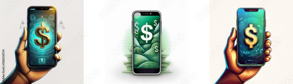 Poster three smartphones, each displaying a dollar sign on the screen.