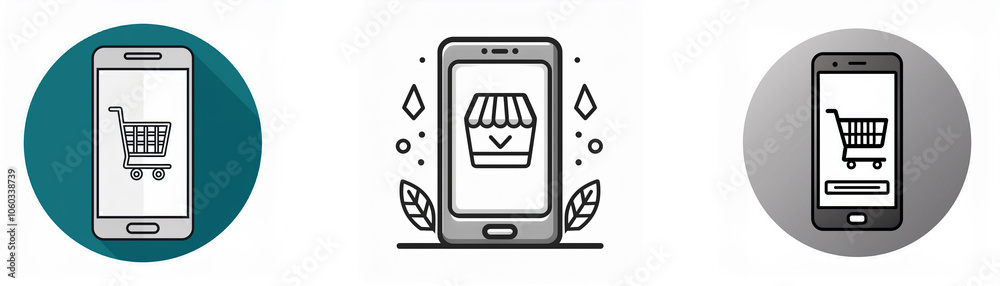 Poster three illustrations of a smartphone with a shopping cart on the screen, a store icon, and an abstrac