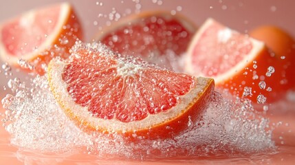 Fresh grapefruit slices splashing in water.