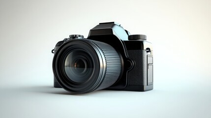 Fototapeta premium High-resolution 3D render of a digital camera featuring a sleek and modern design, with a detailed lens and clean lines. 