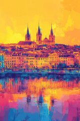 Obraz premium Bordeaux, France, Pop Art style theme print. Cityscape, city skyline.Vibrant, bright, modern, trendy, graphic designed for poster, card, wallpaper