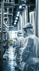 Obraz premium Workers in clean suits at a biofuel plant, handling sustainable materials with a focus on eco-friendly processes