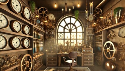 Spacious steampunk workshop with large windows, decorated with clocks, gears, and antique items, creating a sense of a fantastical retro world