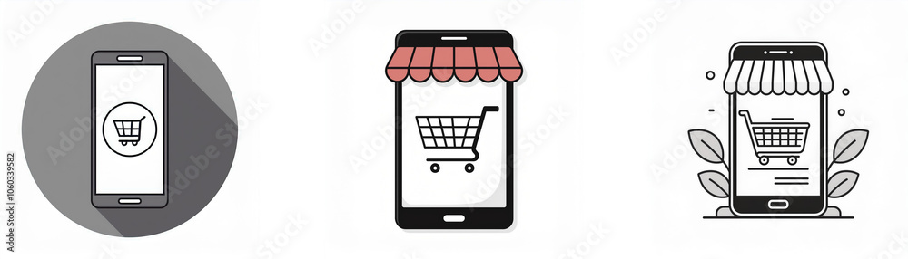 Poster three illustrations of a smartphone with a shopping cart icon on the screen.