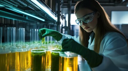 Scientist in a futuristic biofuel lab analyzing green liquid samples for advanced fuel research