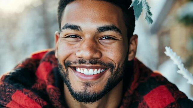 A man wearing a red and black plaid shirt smiles broadly at the camera, standing in front of a snowy background