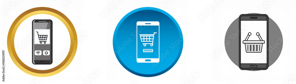Aufkleber Three round buttons with a smartphone inside each. The smartphone screens show an online shopping cart and a basket.