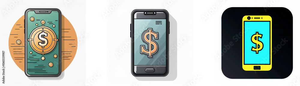 Poster three different illustrations of smartphones with a dollar sign displayed on the screen.