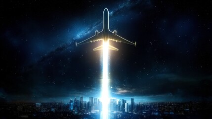 An airplane ascends into the night sky illuminating the city below with a brilliant trail of light