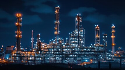 Fototapeta premium Refinery at night, brightly lit, displaying the complexity of efficient fuel processing systems