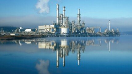 Obraz premium Oil refinery plant reflecting on water, showcasing a serene yet industrial atmosphere