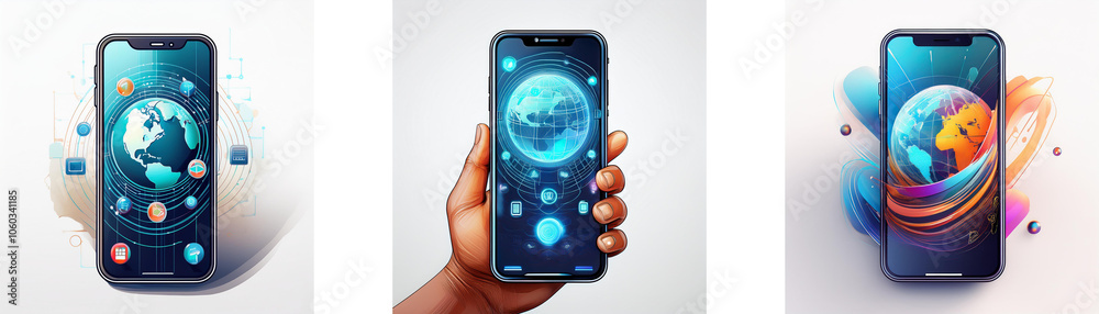 Poster Three illustrations of a smartphone displaying a globe on the screen, each with different abstract design elements.