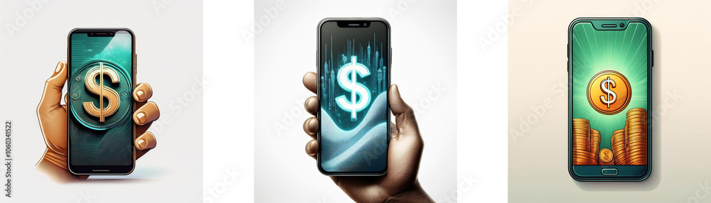 Poster A hand holds a smartphone with a dollar sign icon on the screen. The icon is displayed in different ways on each phone.