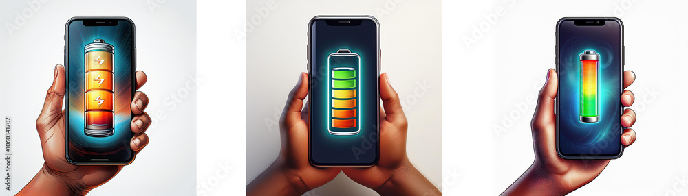 Aufkleber three smartphones with different battery levels displayed on the screen, held in a hand.