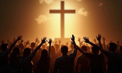 Fototapeta premium A diverse group of individuals enthusiastically raising their hands while standing in front of a large cross, symbolizing their devotion