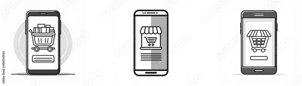 Poster Three smartphones are shown in the image, each displaying a different shopping cart icon.