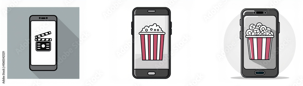 Leinwandbilder three smartphones are shown with different icons representing movie related content on each screen.