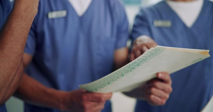 Hands, teamwork and nurses with document for discussion, diagnosis results and medical record in clinic. Hospital, people and planning with patient file for treatment report, information and solution