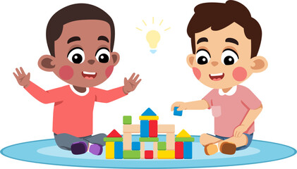 Kid Helping a Friend Build Something With Blocks