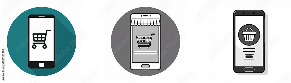 Poster three different icons of mobile phones with shopping cart icons on a white background.