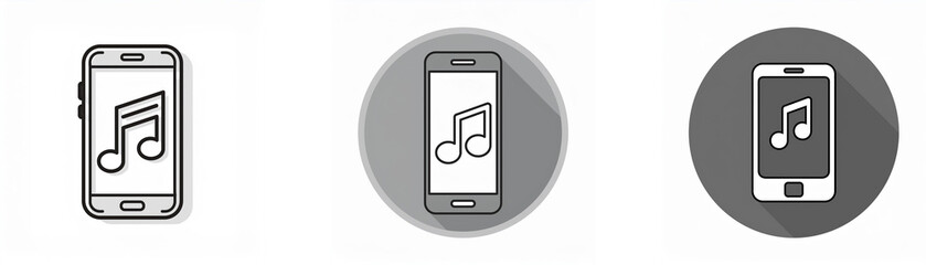 Three different representations of a mobile phone with a music note on the screen.