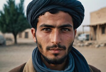 A young man 25 years old from Afghanistan, wearing traditional clothing, poses proudly in his village with mountains in the background, showcasing his cultural heritage. Generative AI