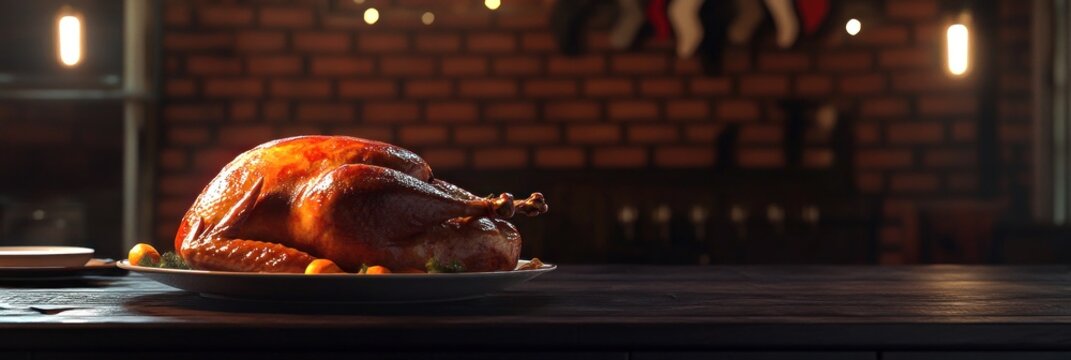 Une dinde cuite au four dans une cuisine pour un d&icirc;ner de No&euml;l, pos&eacute;e sur une table en bois fonc&eacute; avec un espace de copie pour une banni&egrave;re.