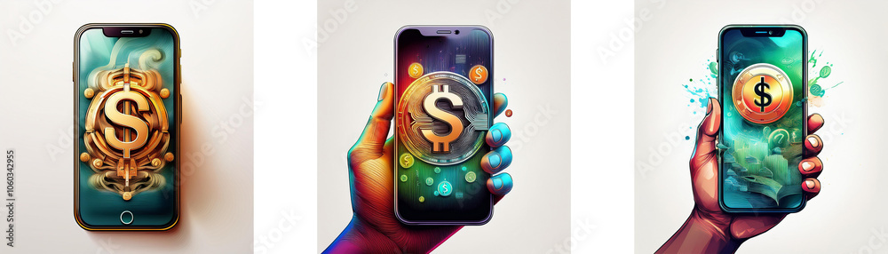 Aufkleber three smartphones with a dollar sign in the display. each phone is held by a different hand.