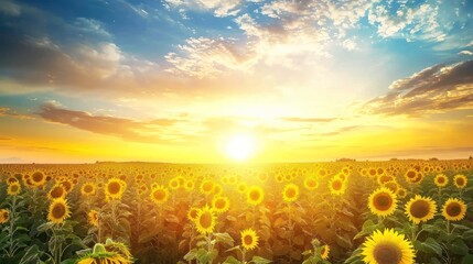 Fototapeta premium the beauty of the sunset over the sunflower field. Panoramic view