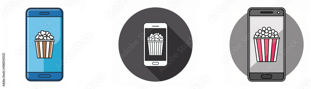 Leinwandbilder three illustrations of a smartphone with an image of a bucket of popcorn on the screen.