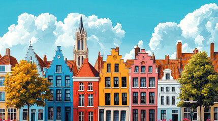 Fototapeta premium Bruges, Belgium, Pop Art style theme print. Cityscape, city skyline.Vibrant, bright, modern, trendy, graphic designed for poster, card, wallpaper