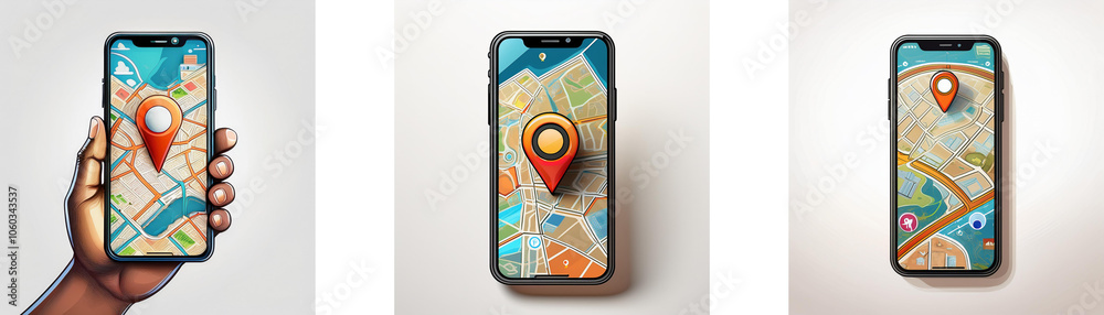 Leinwandbilder three smartphones with a map app open on the screen, each with a pin indicating a location.