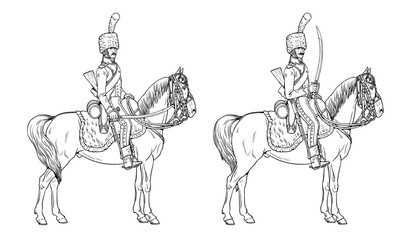 Drawing with the Napoleonic Chasseur. Mounted soldier of the Napoleonic army to color in.