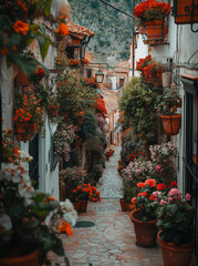 Obraz premium Charming Italian Alleyway: A Picturesque Scene Featuring Quaint Architecture, Vibrant Plants, And Colorful Flowers Framing A Narrow Pathway Under A Bright Blue Sky